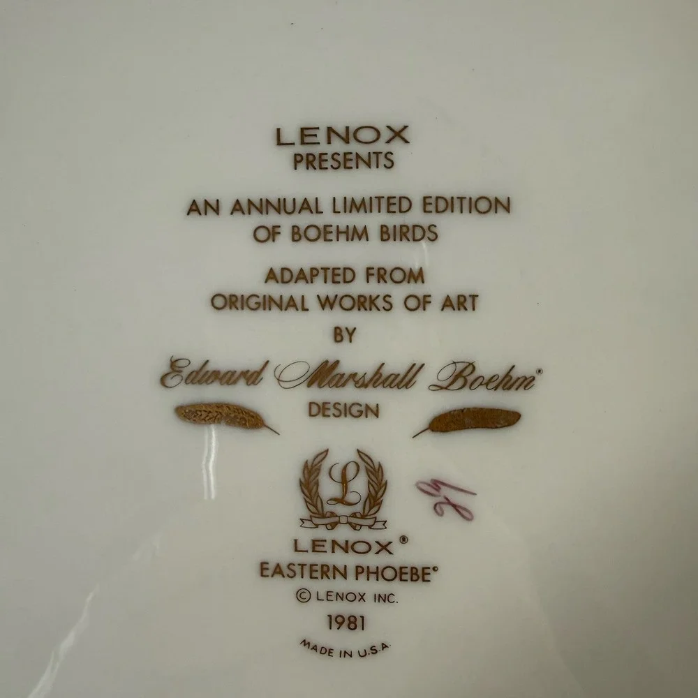 Lenox Limited Edition Edward Marshall Boehm Birds 1981 Eastern Phoebe Plate Mint